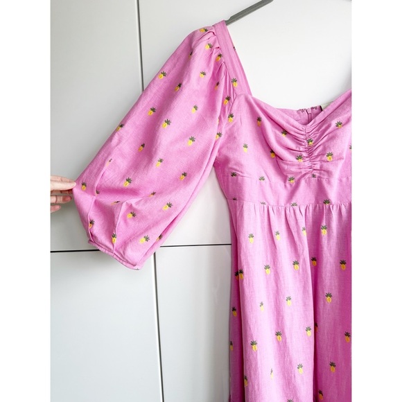 Farm Rio Linen Midi Dress Pink Embroidered Pineapple Size Small NWT - Picture 3 of 12